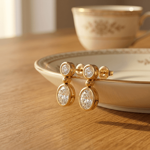 Diamond Solitaire X Oval Dangling Drop Stud Earring 14K