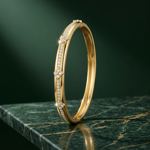 Diamond Pave & Flower Accent Bangle Bracelet 14K