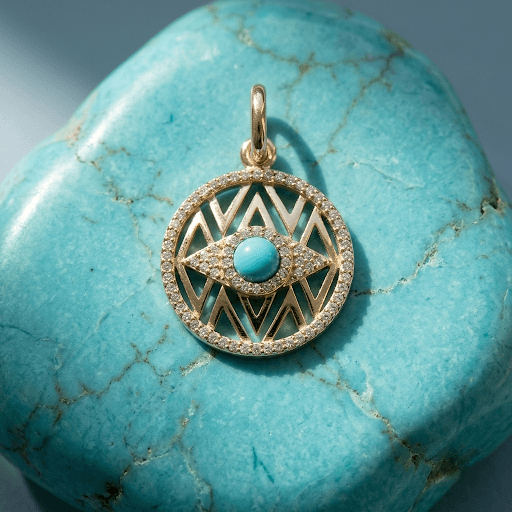 Diamond X Turquoise Evil Eye Disc Charm 14K
