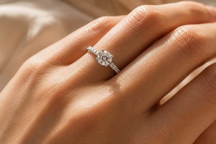Close-up of a solitaire diamond ring worn on a hand with small diamonds along the shank