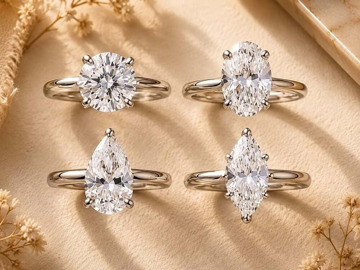 Four solitaire rings showing round, oval, pear and marquise diamond shapes on a warm neutral background