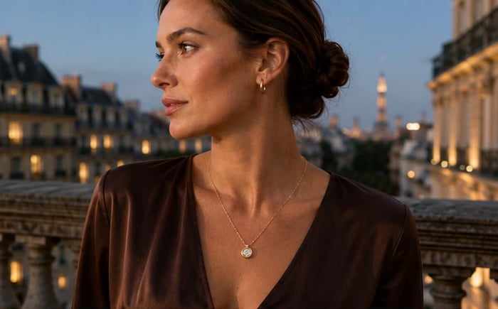 Woman wearing a yellow gold bezel-set diamond pendant with a chocolate brown evening outfit on a city terrace