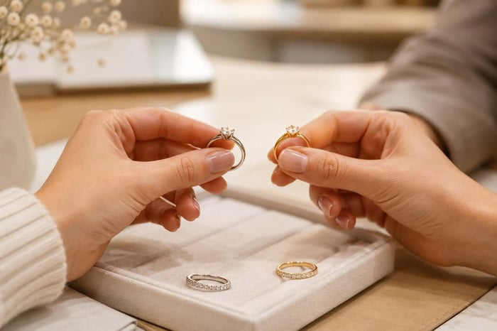 a person comparing a platinum diamond ring and a yellow gold diamond ring at a calm consultation table. Focus on hands, rings and a neutral jewellery tray.