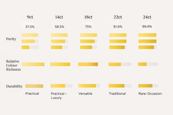 Comparison chart showing 9ct, 14ct, 18ct, 22ct, and 24ct gold with labelled bars for purity, colour richness, durability, and common jewellery applications.