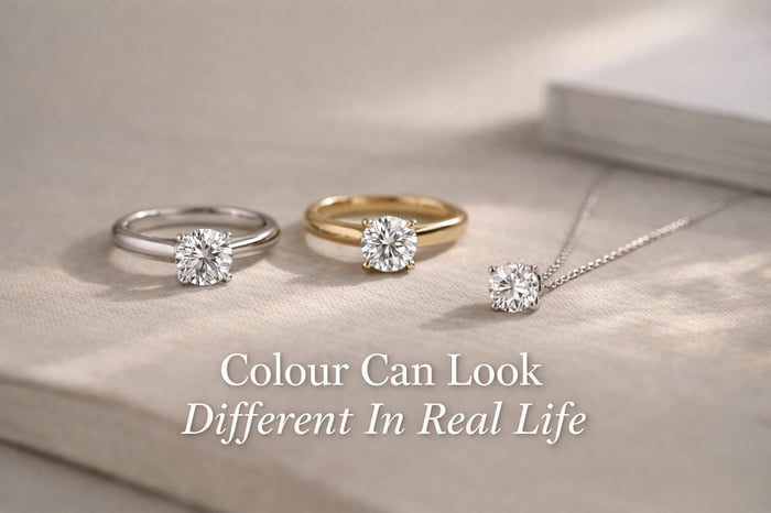 Lab-grown diamond jewellery in different metal settings showing how colour can appear differently