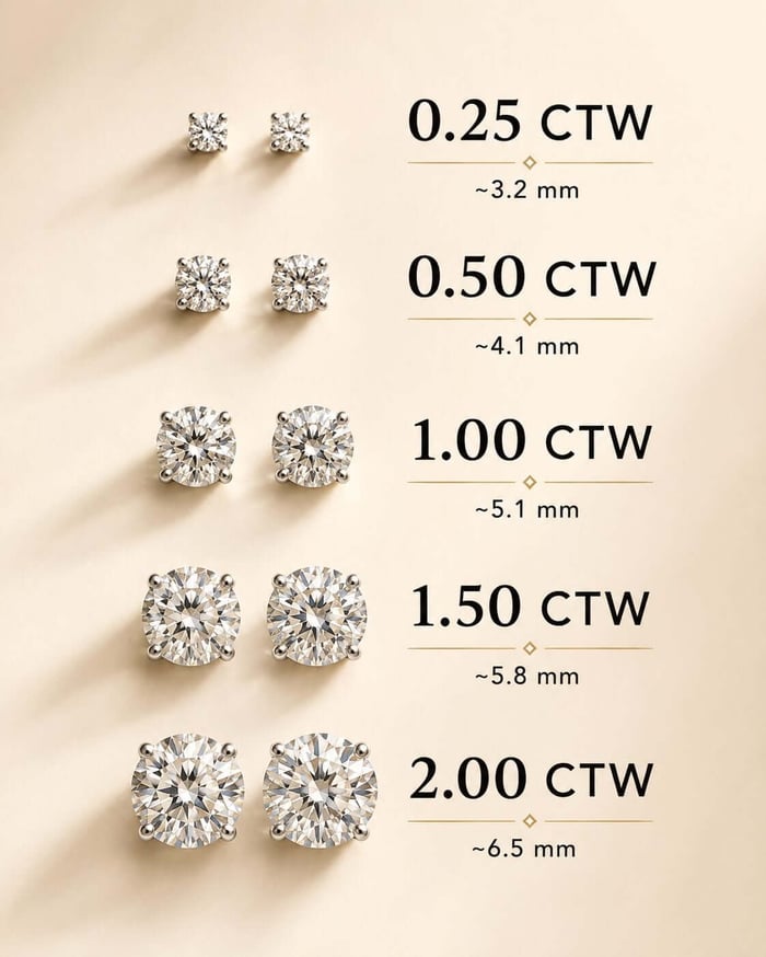 Mobile-friendly diamond stud earring size guide showing 0.25 CTW, 0.50 CTW, 1.00 CTW, 1.50 CTW and 2.00 CTW pairs with approximate millimetre sizes.
