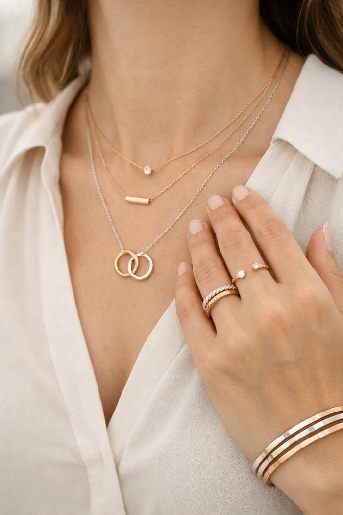 Woman wearing mixed everyday jewellery in white, yellow and rose gold tones, layered necklaces and rings in soft natural daylight