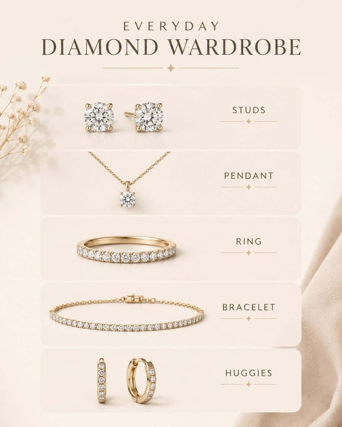 Mobile explainer image showing diamond studs, pendant, ring, bracelet and huggie earrings as everyday diamond jewellery staples.