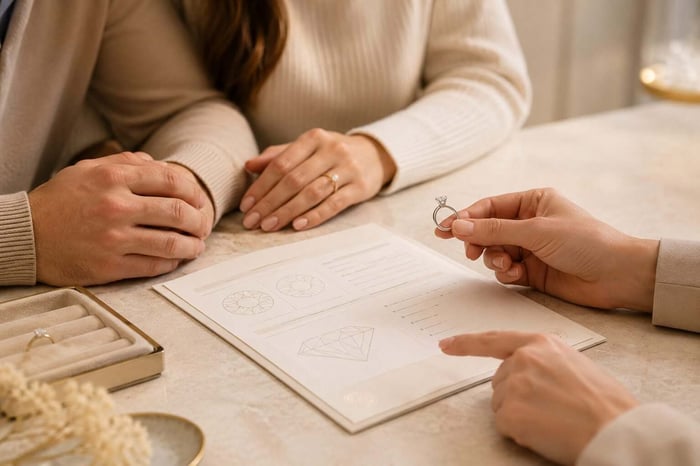 Buyer viewing a lab-grown diamond ring beside a grading document during a calm jewellery consultation.