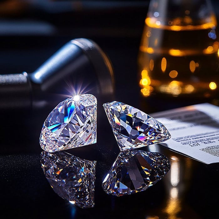 Lab diamonds on a black work bench with paper documentation in soft focus behind