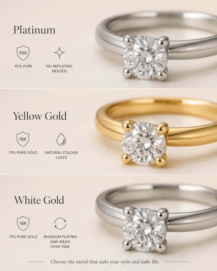 Platinum vs gold jewellery arranged together for a guide to choosing jewellery metals in 2026.