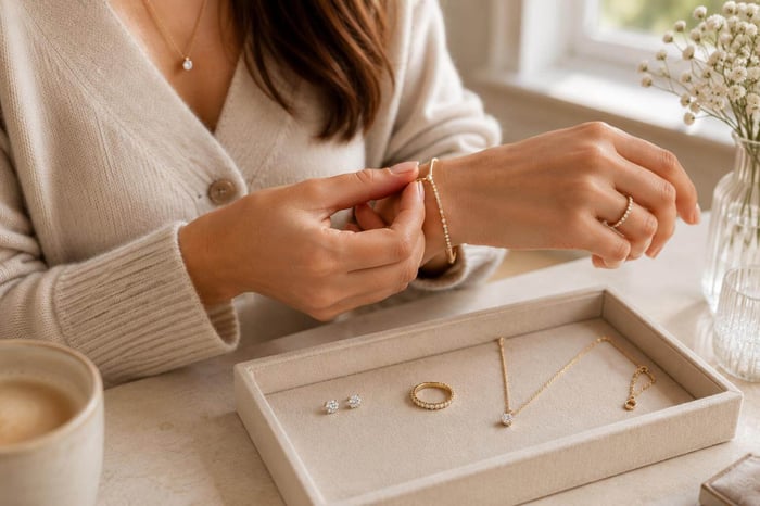 Woman arranging everyday diamond jewellery on a neutral tray, including a ring, pendant, earrings and bracelet.