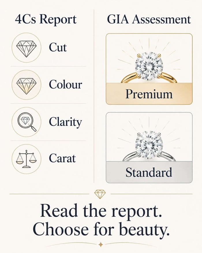 Simple explainer graphic showing 4Cs reports beside GIA Premium and Standard lab diamond assessment tiers.