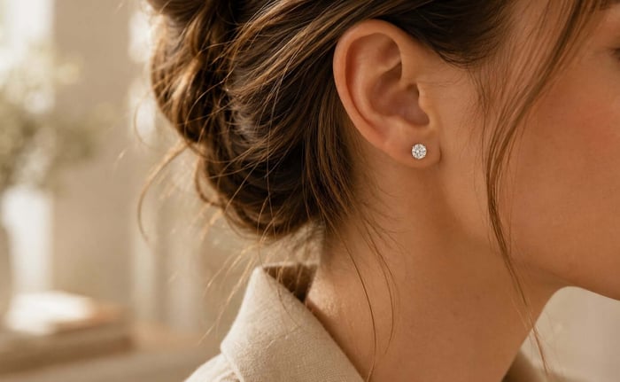 Close-up of a person wearing a classic diamond stud earring in soft natural light.