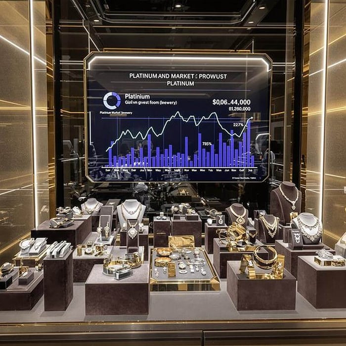 Platinum vs Gold Jewellery Market Trends shown by a window of platinum and gold jewellery with a computer display in the background