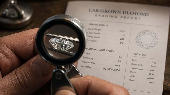 Jeweller using a loupe to inspect a tiny report-number inscription on a lab-grown diamond.