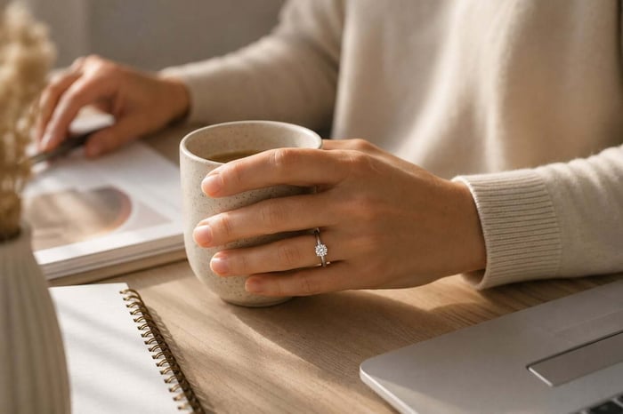 Low-profile lab-grown diamond engagement ring worn while holding a ceramic coffee cup at a desk