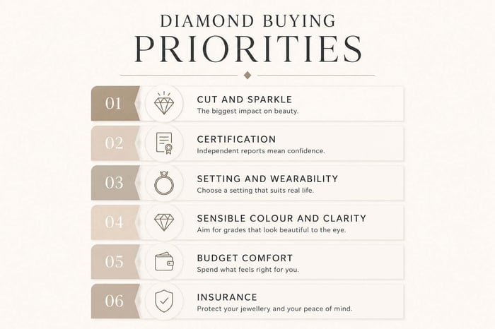 Diamond buying priorities guide showing cut, certification, wearability, colour, clarity, budget and insurance