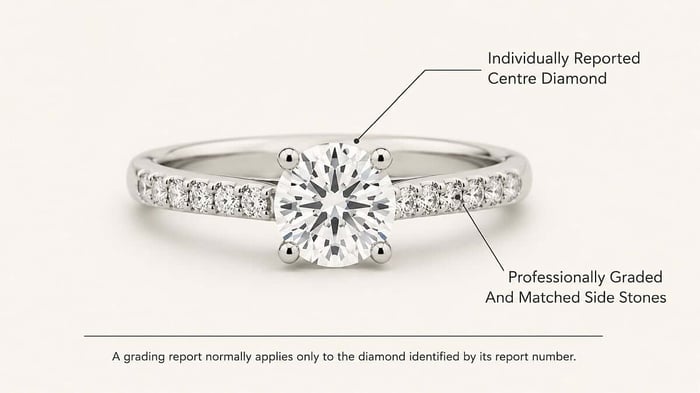Diagram showing an individually reported centre diamond and professionally graded matched side stones.