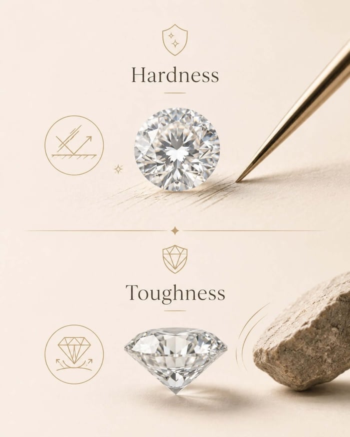 Editorial infographic showing diamond hardness as scratch resistance and toughness as impact resistance
