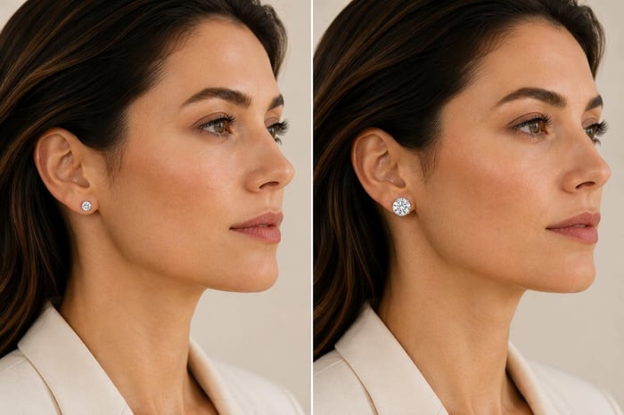 Side-by-side portrait comparing approximately 5mm and 6.5mm round diamond stud earrings