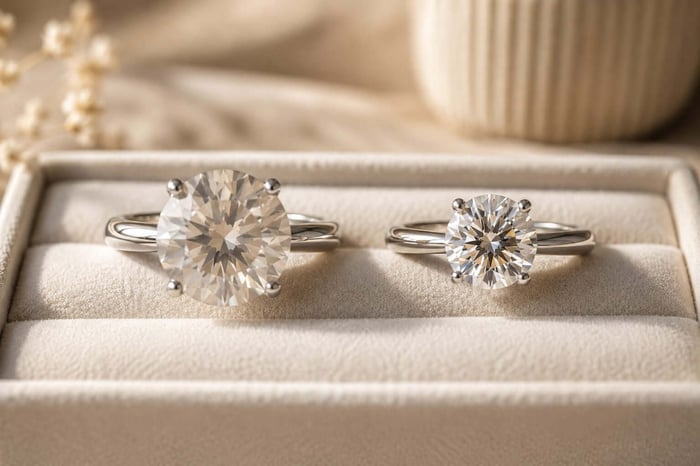 Two diamond rings side by side on an ivory velvet tray showing how cut quality can affect sparkle
