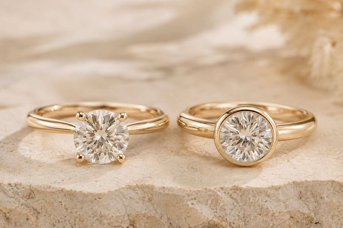 A claw-set diamond ring beside a bezel-set diamond ring on a warm neutral stone surface
