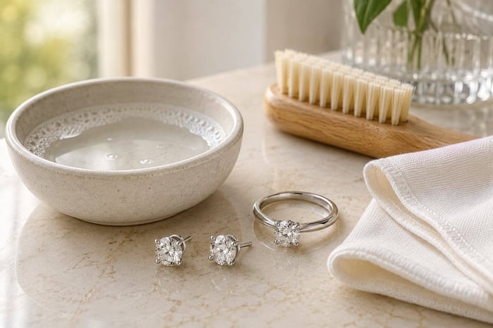 Diamond earrings and a diamond ring beside warm water, a soft brush and a folded cloth for jewellery care