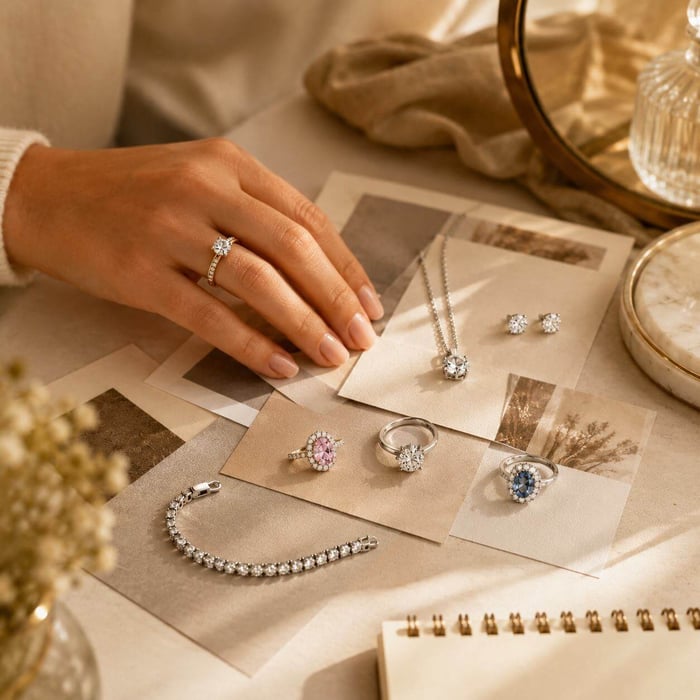 A woman planning her diamond jewellery style with rings, earrings and necklace options laid out beside style cards