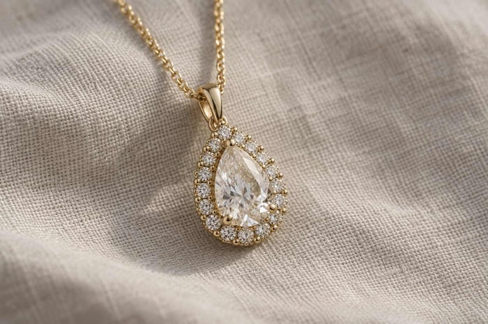 Close view of a pear-shaped centre diamond surrounded by smaller round diamonds in a yellow-gold halo pendant.