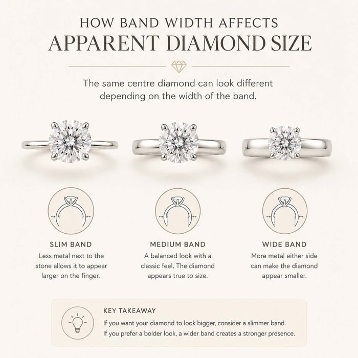 Infographic explaining how slim, medium and wide ring bands affect apparent diamond size