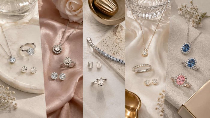 A luxury flat lay showing different diamond jewellery style moods including classic, romantic, modern, quiet luxury and coloured centre-stone rings