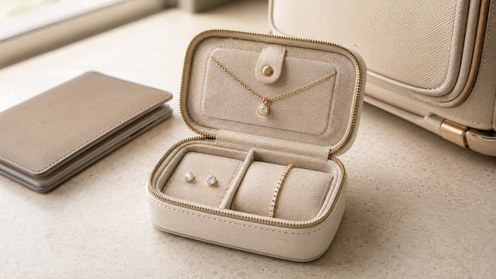 Packing Diamond Jewellery For Summer Travel Diamond studs, pendant and bracelet stored separately in a compact jewellery travel case.