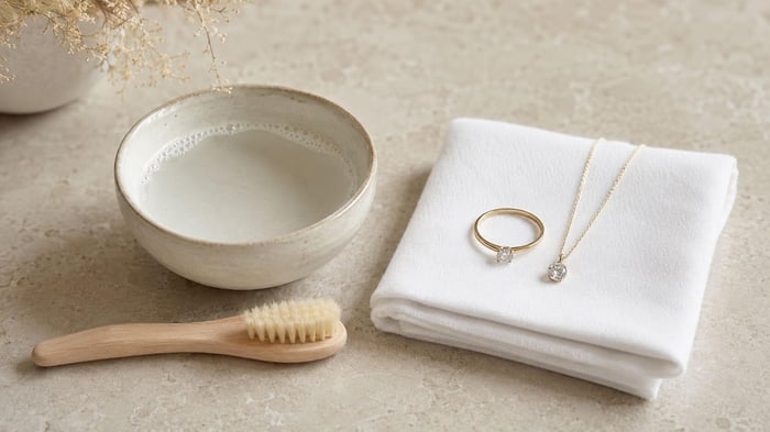 A Simple Diamond Jewellery Cleaning Setup Soft brush, lint-free cloth and bowl of lightly soapy water prepared for gentle diamond jewellery cleaning.