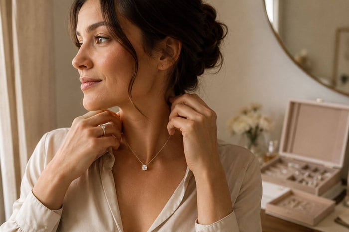 Woman fastening a diamond necklace before leaving home, with a jewellery box in the background