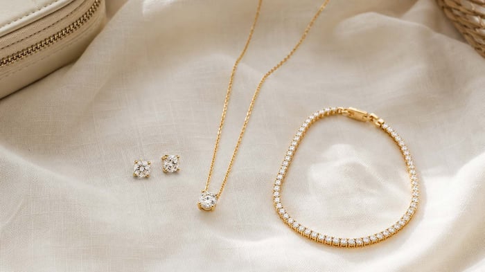 A Three-Piece Summer Diamond Jewellery Wardrobe Diamond stud earrings, a solitaire pendant and a slim tennis bracelet arranged on ivory linen.