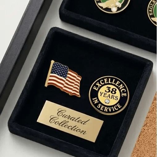Made in USA Waving American Flag Pin and Excellence in Service Pin displayed in a velour box