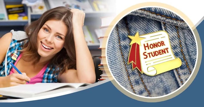 Student wearing on e of our Academic Pins, a close up of the Honor Student Pin