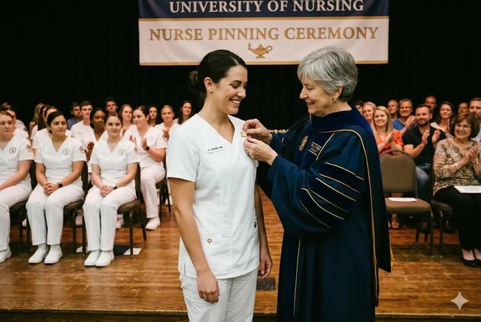 Professor Pinning on Nurse Graduate