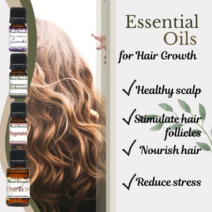 Essential Oils for Hair Growth by Miracle Botanicals with bottles of French Lavender, Rosemary Verbenone, Peppermint, and Hair Tonic