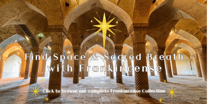sacred middle eastern temple with pointed archways, text "Find Space & Sacred Breath with Frankincense"... "Click to browse our complete Frankincense Collection", with the star of Bethlehem at the top of the image