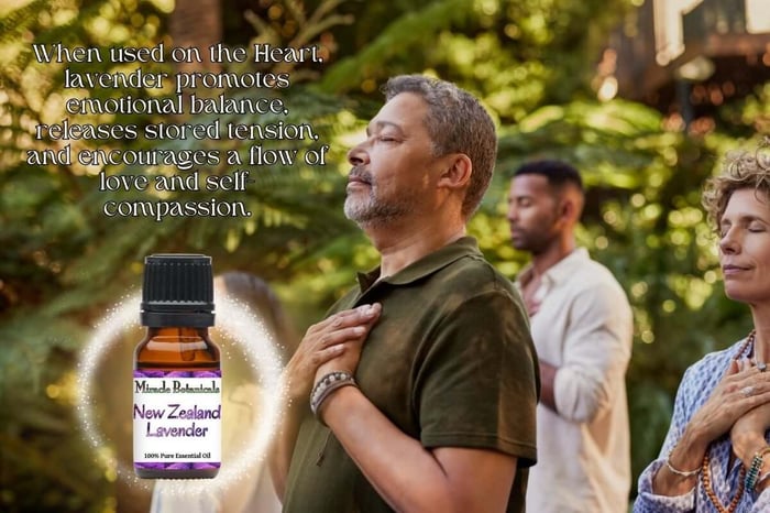 Amber bottle of New Zealand Lavender Essential Oil by Miracle Botanicals, over the backdrop of a group of men and women in a state of relaxation, with their eyes closed and their hands folded at their hearts.
