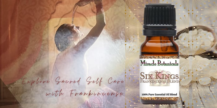 Woman in a temple pouring water over her head with intention and prayer, a wooden spoon full of pure frankincense tears, and an amber bottle of Six Kings Frankincense Essential Oil Blend by Miracle Botanicals