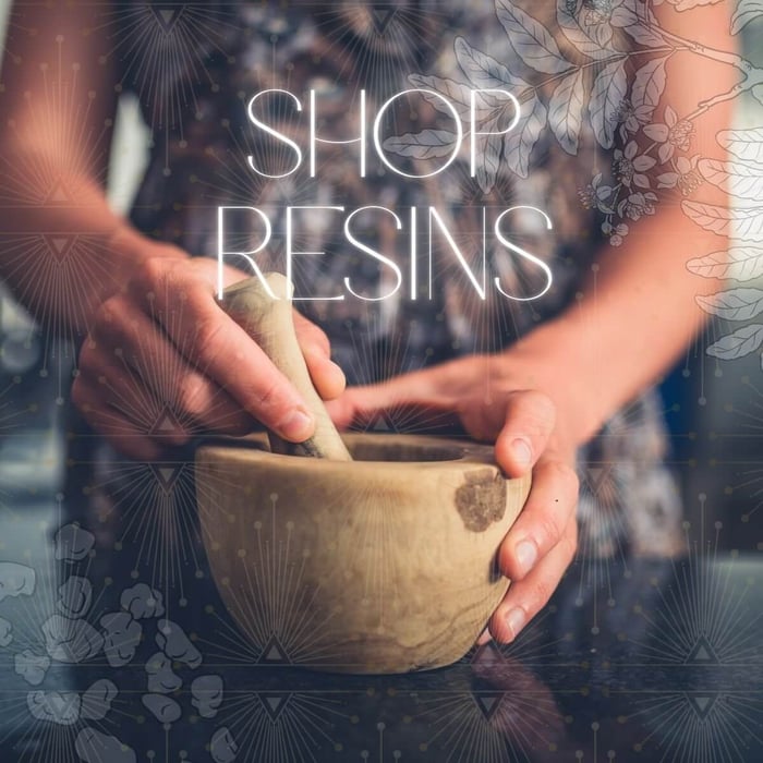 woman holding mortar and pestle with the text "Shop Resins"