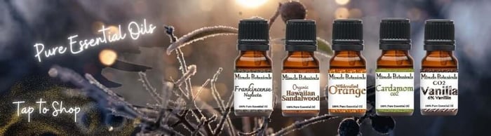 A twiggy branch with berries covered in frost, with amber bottles of essential oil from Miracle Botanicals, Frenkincense Neglecta, Organic Hawaiian Sandalwood, Wildcrafted Orange, Cardamom Co2, Co2 Vanilla Extract
