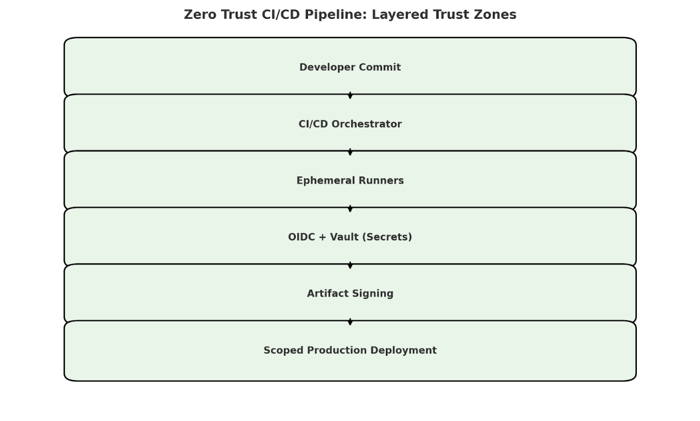 Diagram showing a Zero Trust CI/CD pipeline with layered trust zones, including developer commit, CI/CD orchestrator, ephemeral runners, OIDC-based secret access, artifact signing, and scoped production deployment.