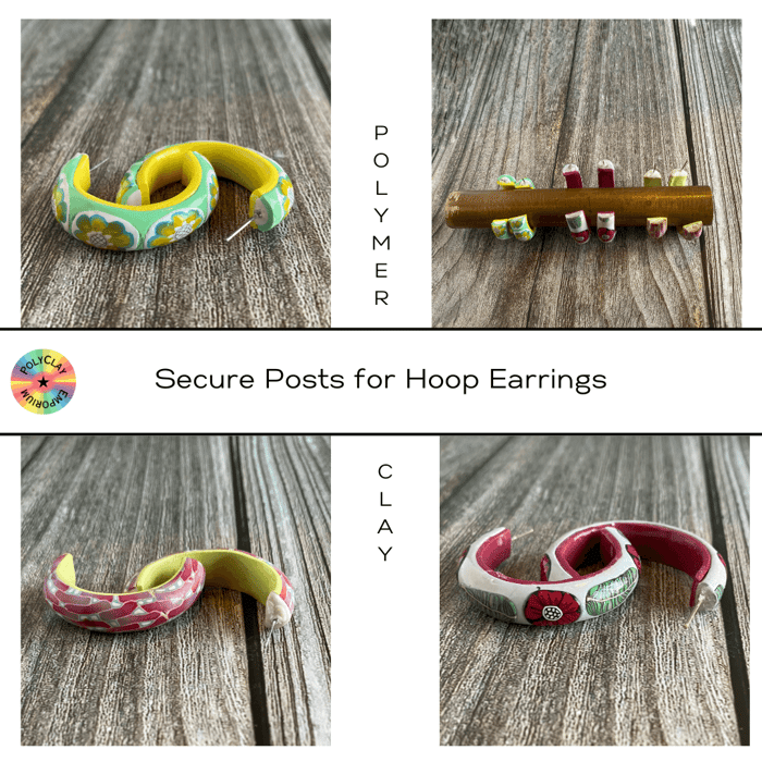 Showing several pairs of polymer clay hoop earrings with secure posts embedded.