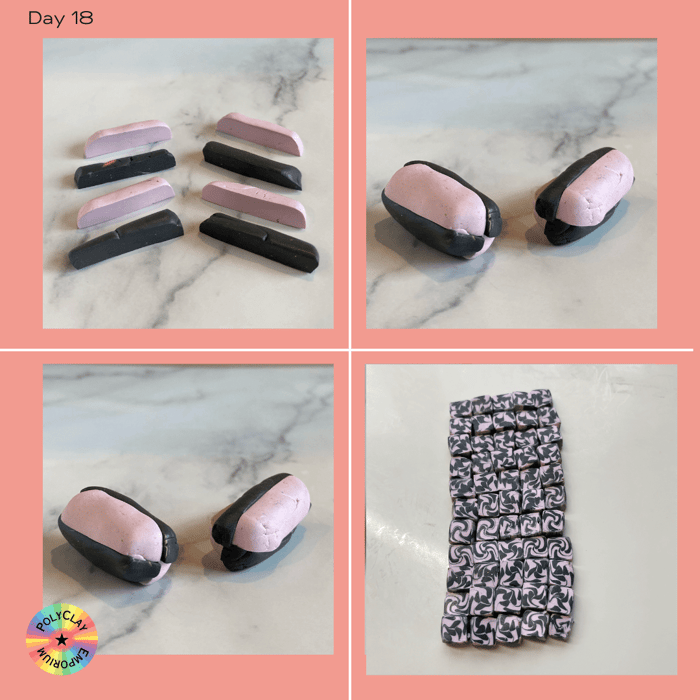 Results of extruding a pink and black quartered log.