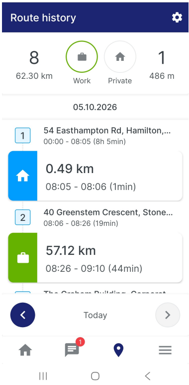 A Trackem GPS mobile app screen shot of business vs. personal vehicle use in the route history.