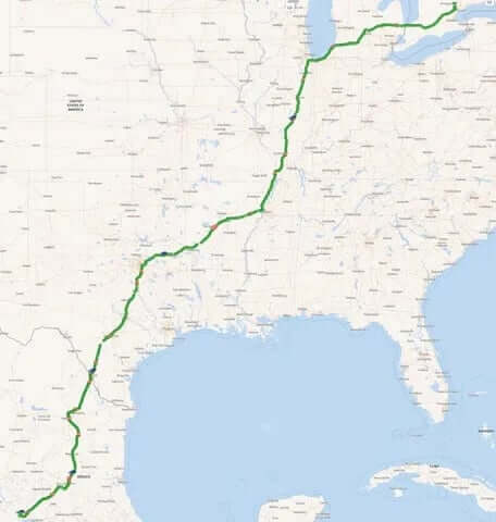 GPS tracking a route from Canada to Mexico